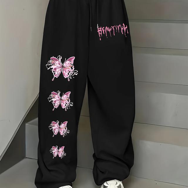 TEMU بنطال نسائي كاجوال مصنوع من البوليستر ومزود بخصر برباط، وطبعة وحرف، وحزام خصر مطاطي، وتصميم مستقيم للساق للبالغين - فصل الشتاء، قطعة واحدة