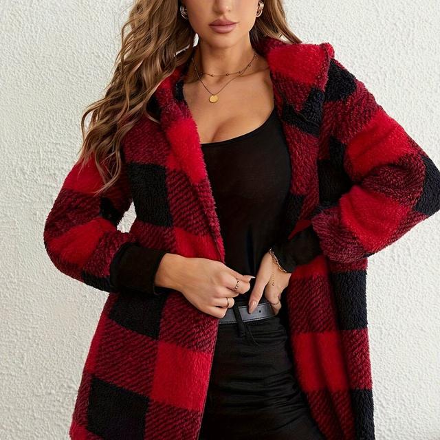 TEMU Pattern Hooded Fuzzy Coat, Elegant Long Sleeve Warm Outerwear For Fall & Winter, Women's Clothing
