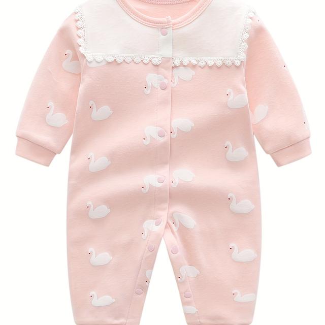 TEMU Pure Katoenen Lente-Zomer Baby Bodysuit - Schattige Prinsessenroze Romper voor Meisjes, Bovenkleding Voor Zuigelingen
