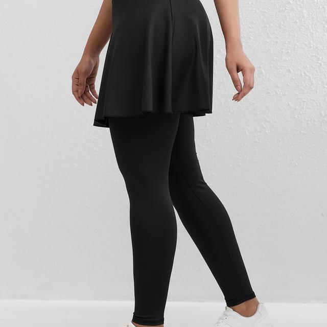 TEMU 1 Stück Damen High-Waist Sport-Skort mit Tasche - Polyester Strick Athletic Rock und Leggings Kombi, Einfarbig, Knielang, Ganzjahres-Fitness- und Freizeitkleidung