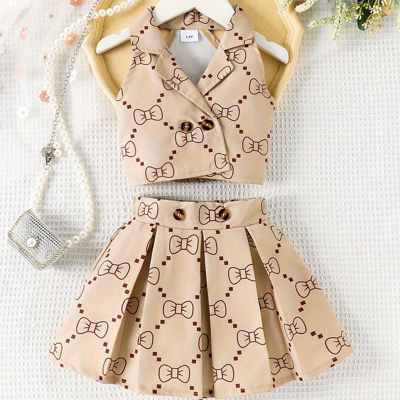 TEMU P100574 A Stylish Sleeveless Top With A Bow Print And A Pleated Skirt Set For Little Girls