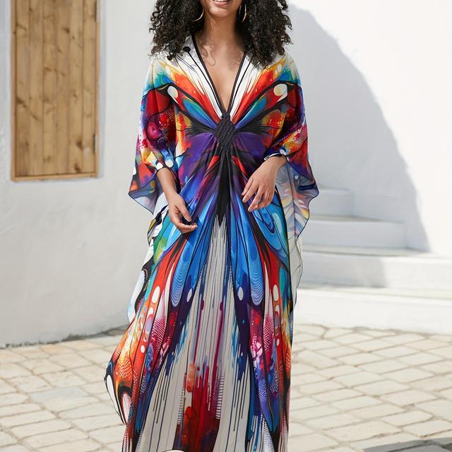 TEMU Summer Women's Dress With A Colorful Print, Featuring A Handmade Front, Plus Size Cover-up For Swimming