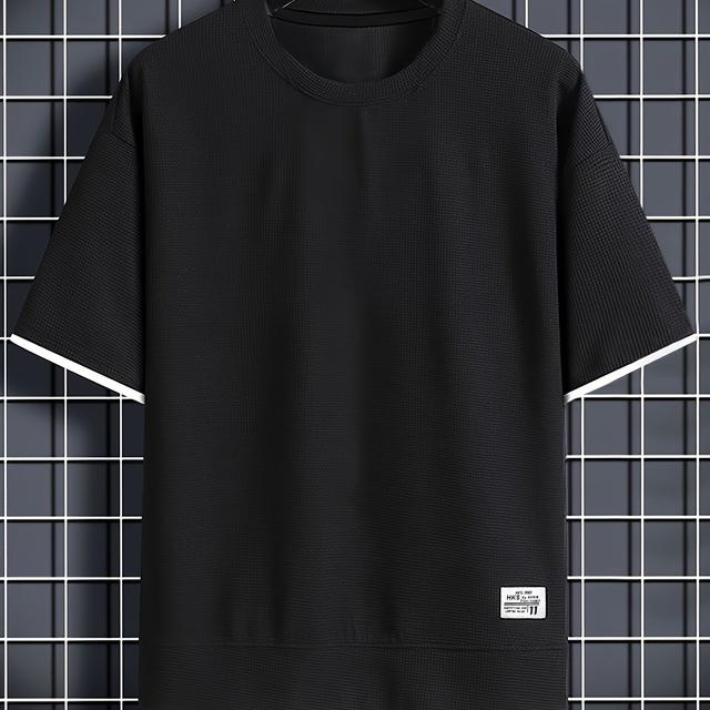 TEMU Plus Size Men's Lightweight Waffle Knit Short Sleeve T-shirt - Contrast Color Casual Summer Top, Plus Size