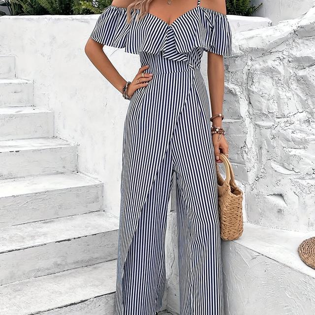 TEMU Striped Printed Cold Shoulder Jumpsuit By Dingxiang Lin