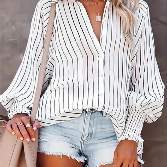 TEMU Plus Size Chemise Imprimée à Rayures et Boutons sur le Devant, Chemise Élégante et Décontractée à Manches Lanterne froncées pour , Vêtements Grande Taille pour Femmes