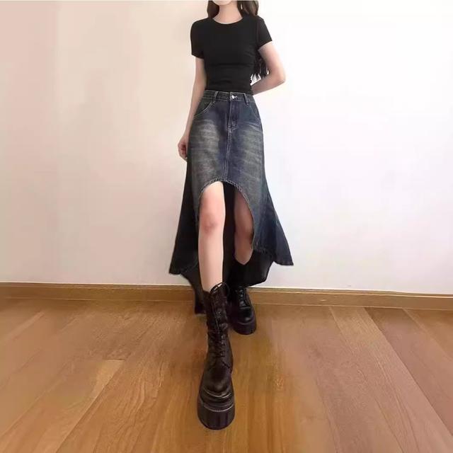 TEMU レディース ヴィンテージ カウガール デニムスカート - ハイウエスト ミディ フィッシュテール アシンメ裾、無伸縮デニム、春夏秋用 洗濯機可、カジュアル＆セミルアウトフィット、季節のファッション、レトロ風