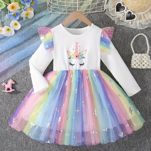 TEMU Flickors vår/höstklänning med långa ärmar, vit, söt prinsessstil, moderiktig och avslappnad, för små flickor, med blommigt enhörnings- och drömsk pegasus-tryck, färgglad nätkjol