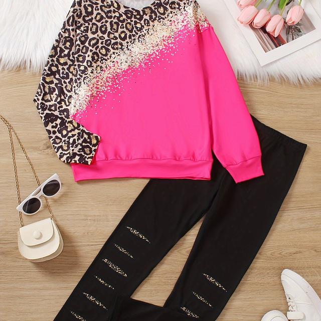 TEMU Meisjes Stijlvolle Tweedelige Set met een Ronde Hals Magenta Lange Mouwen Top en Zwarte Luipaardprint Lange Broek, Perfect voor Casual in Herfst en Winter, voor Buiten