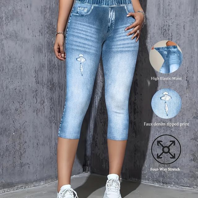 TEMU Leggings in Übergröße mit bedrucktem Jeans-Optik-Druck [Kein Denim-Stoff]