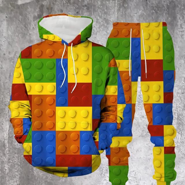 TEMU Men's 3d Printed Casual Puzzle Hoodie Set, Comfortable Polyester Two-piece Outfit, Plus Size