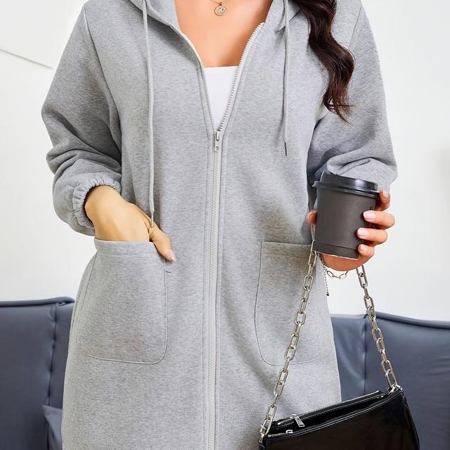 TEMU Plus Size - Plus Size - Plus Size Dam Stylish Casual Hoodie med Dragkedja och Dragsko, Utsänder en Stark Modekänsla med Två Fickor och en Mellanlång Modell