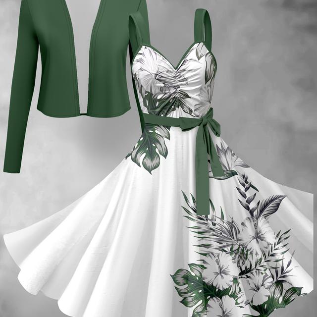 TEMU Ein modisches Damenkleid, eine einfarbige Strickjacke kombiniert mit einem blumenbedruckten Kleid mit geraffter Taille, ein elegantes und retro Two-Piece Set