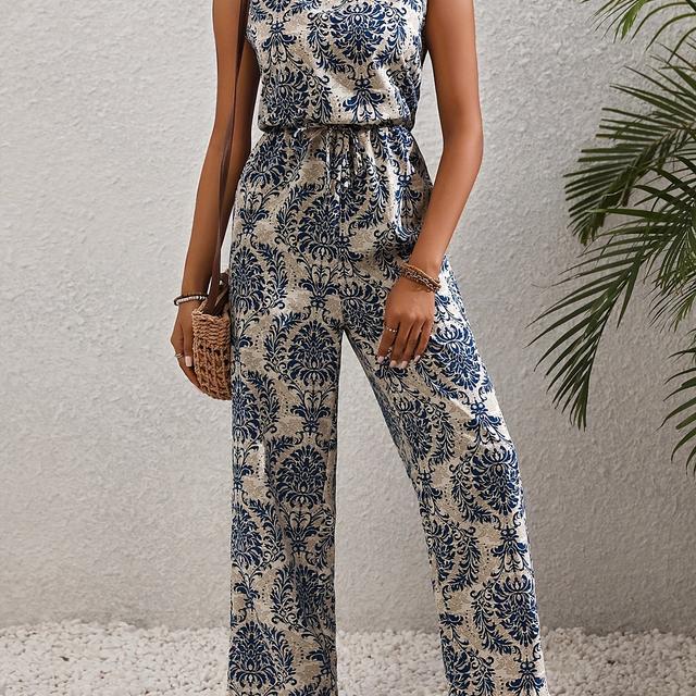 TEMU Women's Elegant Blue Floral Print Sleeveless Jumpsuit - Ethnic Style, Crew Neck, Polyester, Perfect For Spring/summer, Casual Attire|floral Print Jumpsuit|polyester