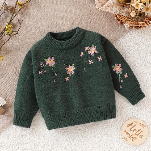 TEMU Girls' Green Casual Knit Sweater With Floral Embroidery - Long Sleeve, Round Neck, Stretchy Acrylic, Fall & Winter, Warm Top, Girl Clothes