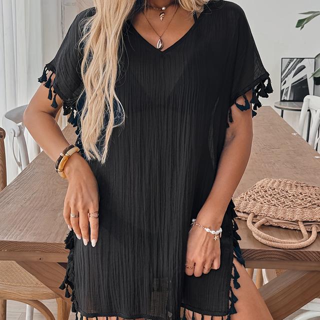 TEMU Robe de Couverture Bohème Chic Noire à Col en V avec Franges - Semi-Transparente, Lavable en Machine, Parfaite pour les Vacances et Sorties Décontractées