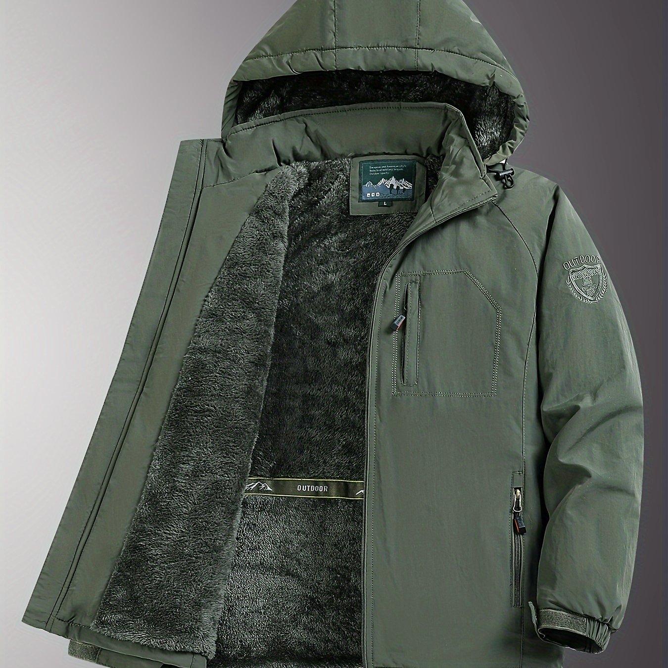 TEMU Men's Casual Hooded Jacket - Warm Fleece-lined, Embroidered Design For Fall