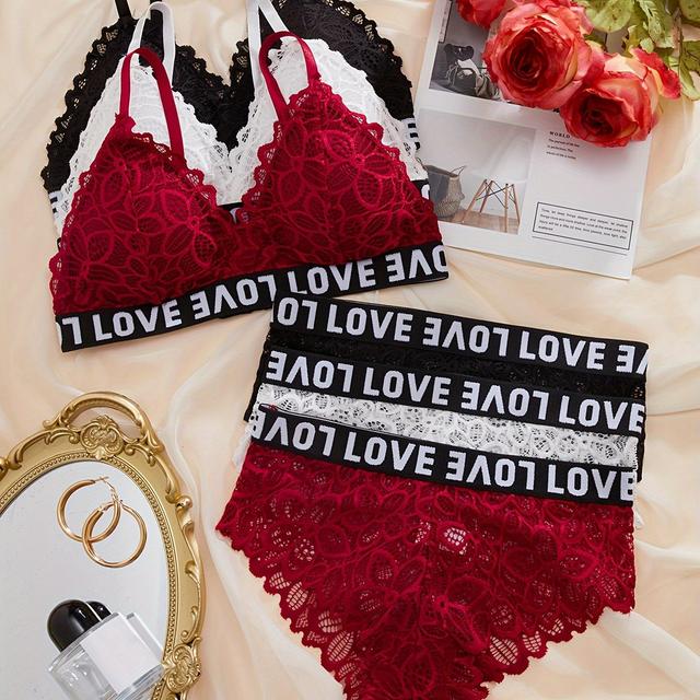 TEMU 3 Sets -Spitzen-BH Und Höschen, Kabelloser BH Und Buchstabenband-Höschen, Dessous-Set, Damen-Dessous Und Unterwäsche