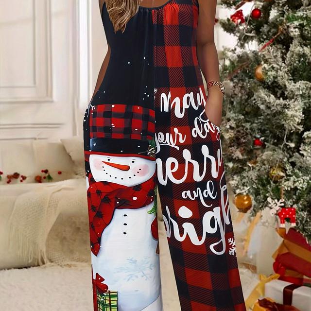 TEMU Mono de mujer elegante con estampado navideño, cuello redondo, bolsillos plisados, diseño casual de pierna ancha y pantalones largos.