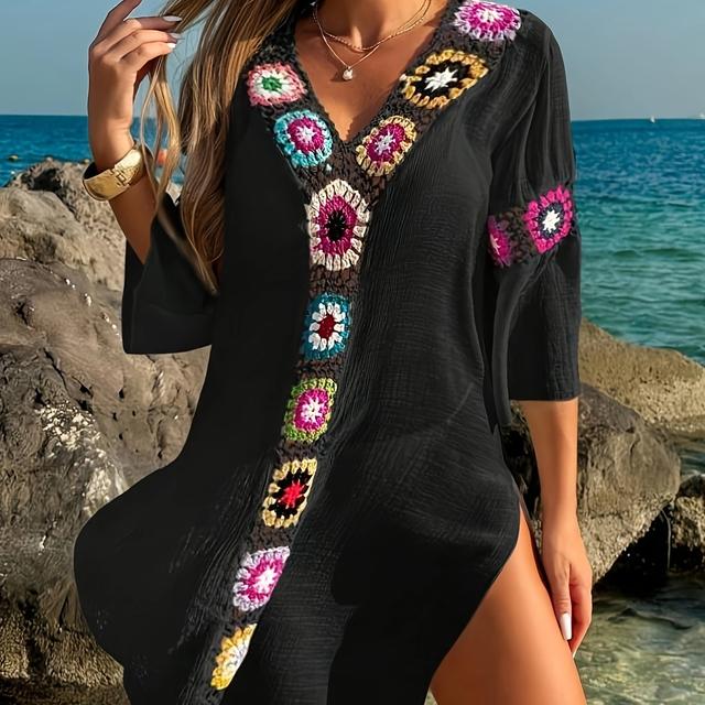 TEMU Women's Plus Size Vacation Casual Bohemian Handmade Crochet Splicing V-neck Loose Flared Flare Sleeve Dress 0 Long Sleeve Straight Dress Cover Scarf Beach Dress