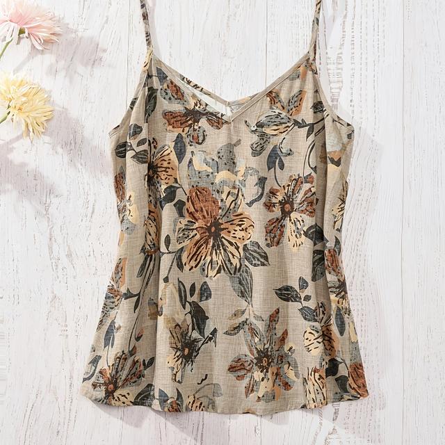 TEMU Women's Elegant Floral Print Sleeveless Tank Top - Vintage Style, Beige With Multicolor Flowers, Spaghetti Strap Design, Summer Casual , Casual Summer Wear | Spaghetti Strap Top | Texture