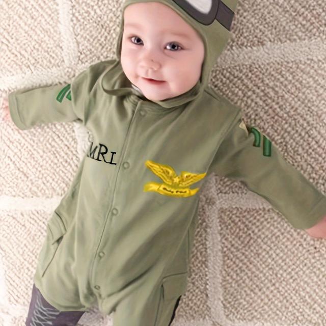 TEMU Baby Boys 2pcs Outfit, Long Sleeve Pilot Romper Jumpsuit + Army Green Autumn Clothing Set, Outdoor
