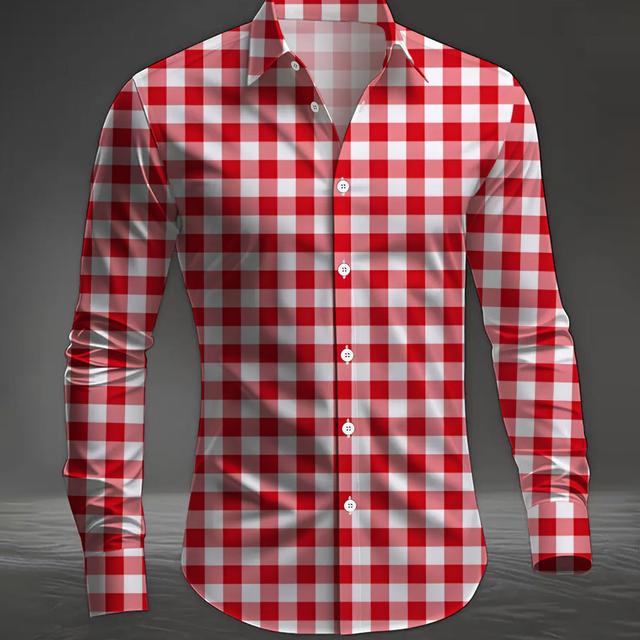 TEMU Standard Size Men's Long Sleeve Printed Shirt, Red And White Plaid Pattern, Versatile Regular Fit Dress Shirt, Comfortable Workwear, Men's Long Sleeve Shirt, Fashion Casual Button- Collar Shirt