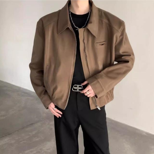 TEMU メンズ ストリートウェア ベースボールジャケット - ルーズフィット パッド入りラペルカラー、ムポリエステル 洗濯機可 春夏用 カジュアルジャケット、無地ブラック、アメリカンスタイル アウター、高級仕立て