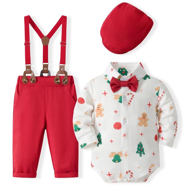 TEMU Gentleman Outfit For Infants And Toddlers For Christmas. Adorable Suit. Baby Suit Suitable For Weddings And Parties, Worn In . Includes Onesie, Pants, Bow Tie, Hat, And Suspenders Set