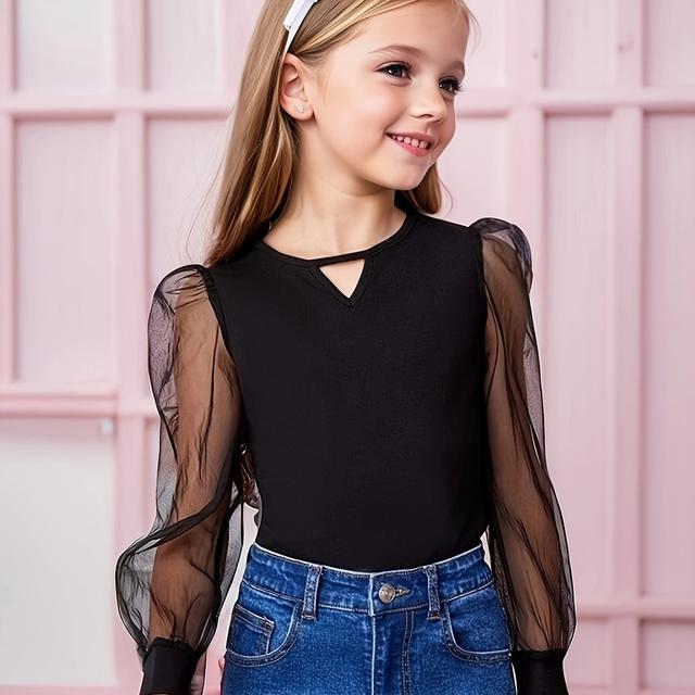 TEMU Meerjungfrau Strickshirt mit Rundhalsausschnitt und Mesh-Detail, atmungsaktiv & leicht für lässige Outfits