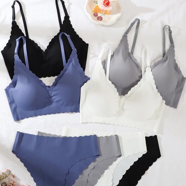 TEMU 4piece Women' Basic Solid Wireless Comfortable Breathable Removable Padding Bralette And Triangle Underwear Lingerie Set