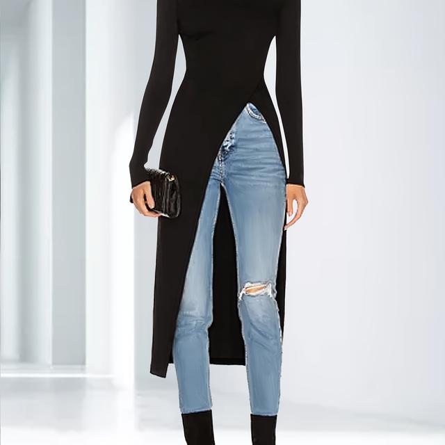 TEMU Camiseta de cuello , larga, jersey, abertura larga, color liso, top ajustado