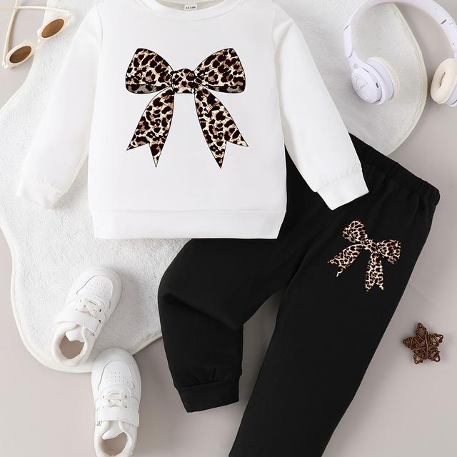 TEMU Spring/autumn Baby Girl Round Neck Leopard Print Bow Long Sleeve Top And Pants Casual Two-piece Set, Perfect For Outdoor