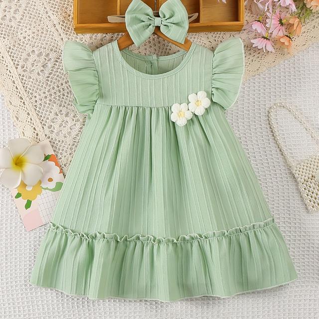 TEMU Baby Girl' Color Casual Sweet Cute Hand-crocheted 3d White Flower Flutter Sleeve Dress + Headband Two-piece Set