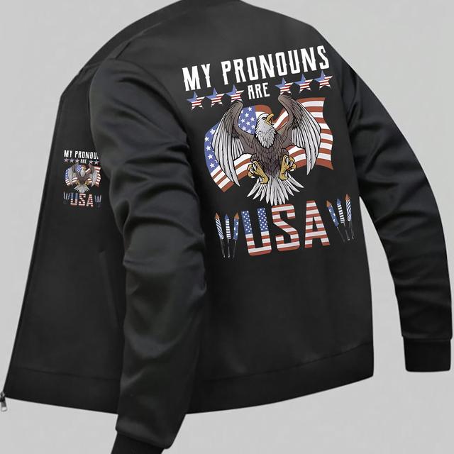 TEMU 남성용 캐주얼 독수리 프린트 재킷, 시크한 성숙한 베이스볼 칼라 지퍼 업 봄버 재킷, 미국 스타일, 봄과 가을용, 다용도