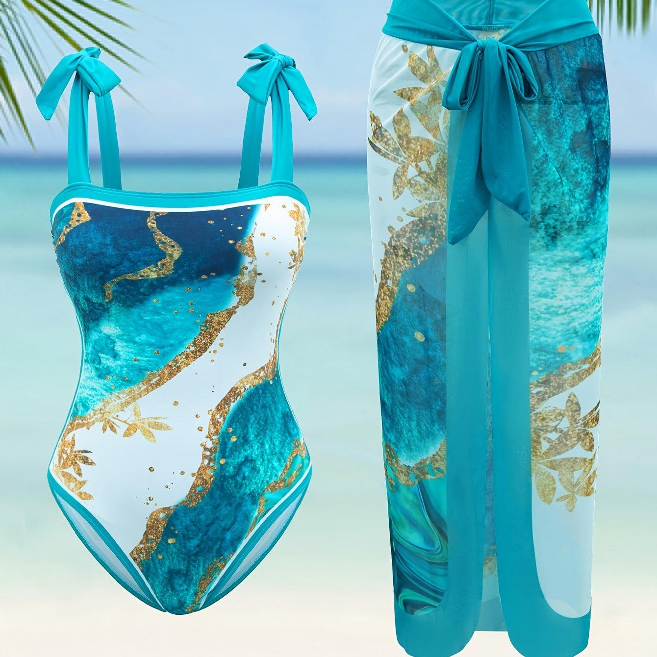 TEMU Women's Plus Size Fashion Swimsuit With Printed Skirt And Skirt 2pcs Set