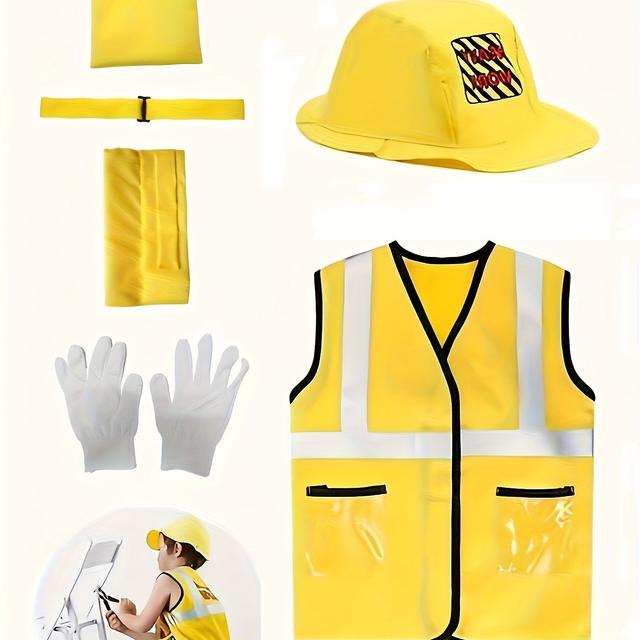 TEMU 7pcs Kids' Construction Worker Costume Set, Worker Vest Outfit, Best Gift For Children