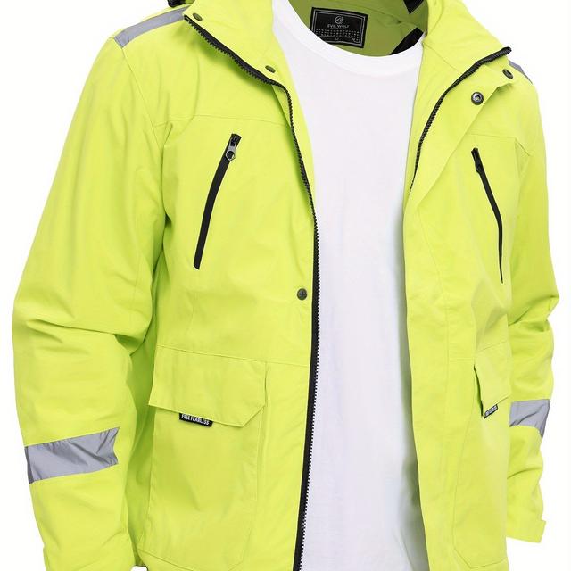 TEMU 남성 캐주얼 후드 봄버 재킷 - 검정색 반사 , 지퍼 포켓, 폴리에스터 안감, 야외 및 스포티한 의상에 완벽, 캐주얼 아우터웨어 | 반사 재킷 | 지퍼 재킷