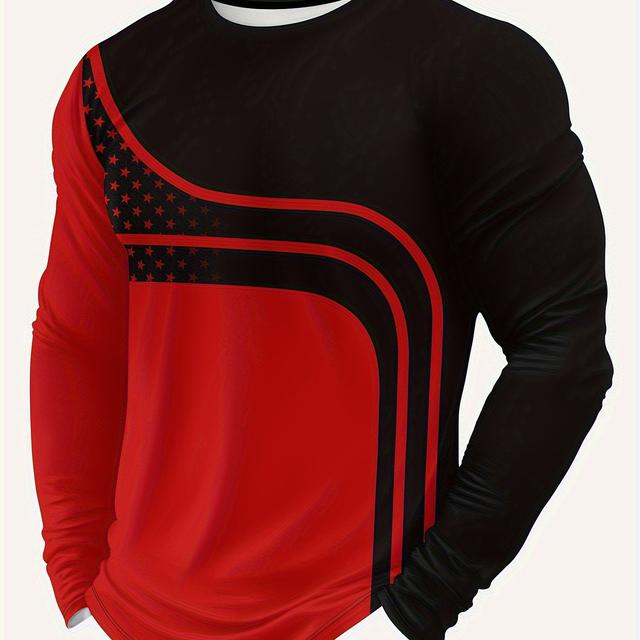 TEMU Plus Size Men's Casual Sporty 3d Full Print Long Sleeve Shirt - And Black Color Block, Breathable Fabric, Regular Fit, Machine Washable, Comfortable Leisurewear