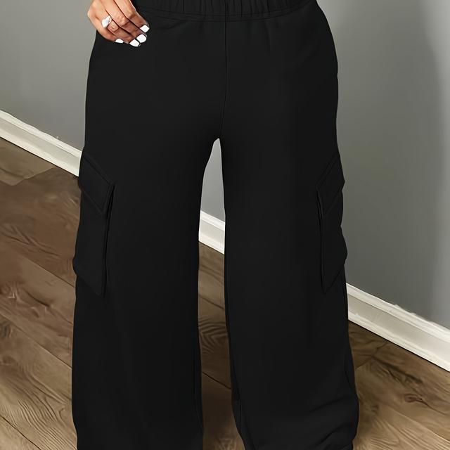 TEMU Women's Plus Size Cargo Pants With Side Pockets - Stretchy, Casual Sportswear In Solid Color