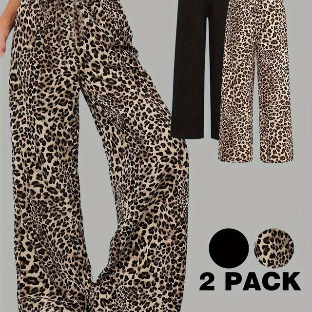 TEMU Two-piece Set For Girls: Stylish Leopard Print Wide-leg Pants And Solid Black Wide-leg Trousers, Comfortable Outdoor Sports Pants For Girls, Suitable 3 And Up, For Outdoor