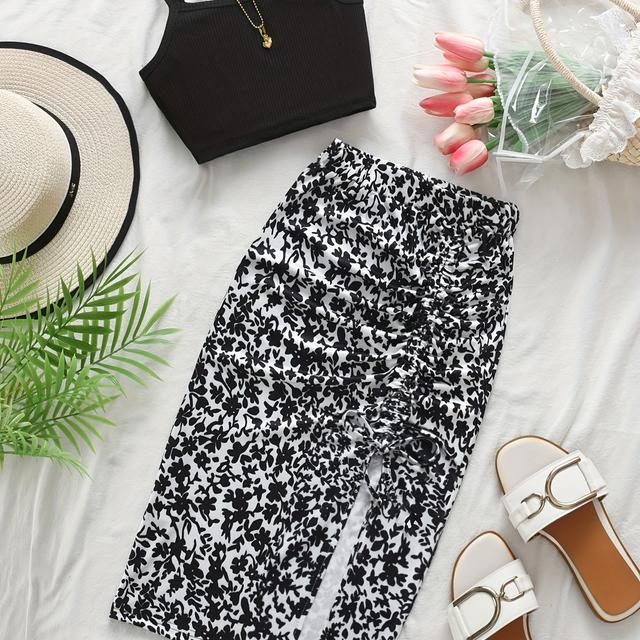 TEMU Teen Elegant Fashion 2pcs Set, Camisole Top + Floral Print Hip-length Skirt With Drawstring Bow, Girls' Beach Vacation Dress, Perfect For Outdoor