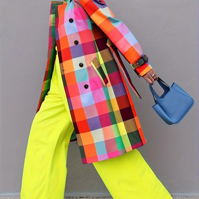 TEMU [durable Build] Women's Colorful Print Trench Coat With Belt - Elegant Long Sleeve Outerwear, Button-up Front, Machine Washable Polyester, Vibrant Checkered Design, Casual Or Stylish Outfits