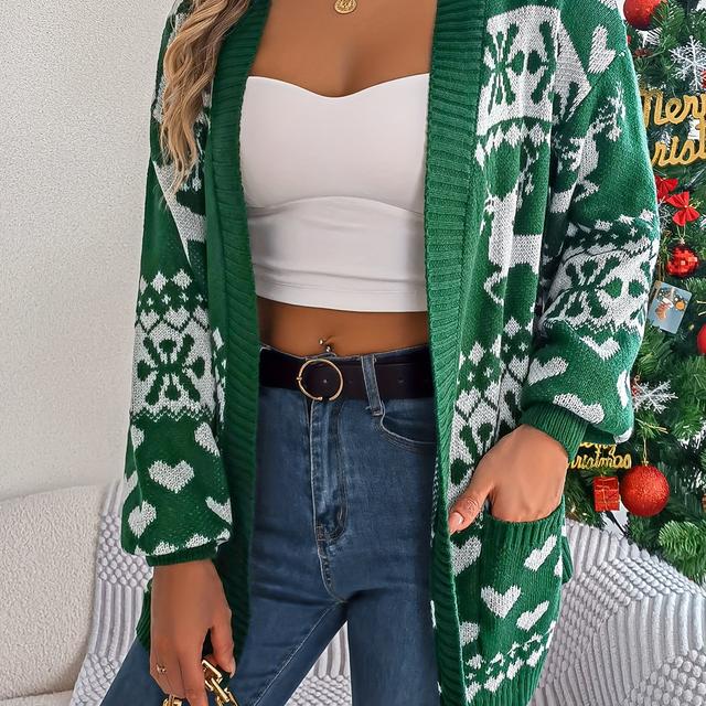 TEMU Cardigan décontracté automne-hiver pour femmes, motif et , manches lanternes et poches, idéal pour Noël