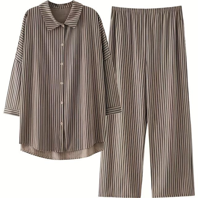 TEMU 2025年新作 レディース春秋スーツ 韓国風ドストライプ 日常用ゆったりジャパニーズホームウェア ルーズ長袖シャツ＆カジュアルロングパンツ 2点セット ホーム、カフェ、週末、妊婦向け
