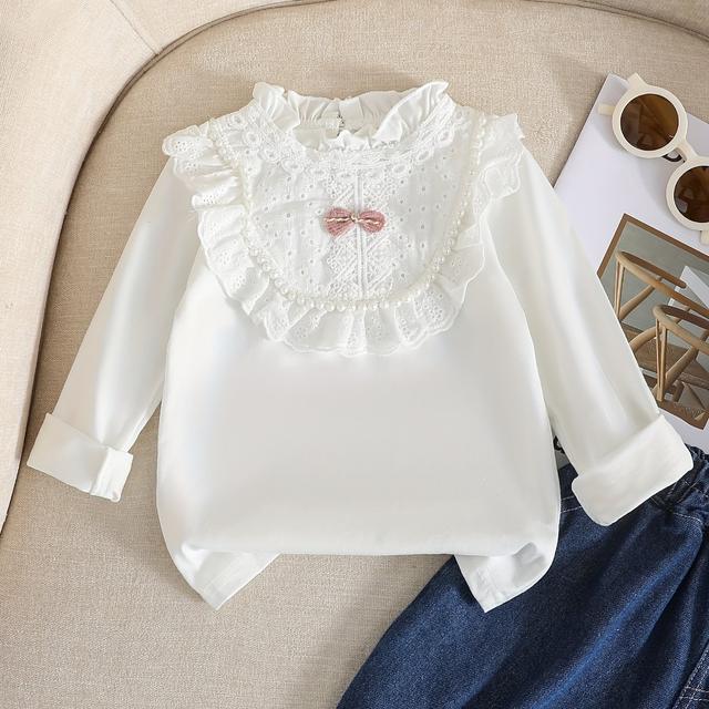 TEMU 1pc Girls' Cute Lace Trim Long Sleeve T-shirt - Soft Top With Pink Bow Detail, Machine Washable Spring/fall Layering Essential For Toddlers & Infants