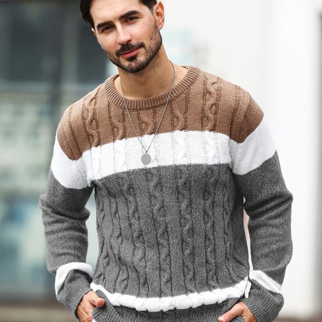 TEMU [Langxian Monkey Obm] Herren Strickpullover in großen Größen mit Color-Block-Muster, Rundhalsausschnitt, lange Ärmel und Farb-Patches für Business Casual, Herbst- und Winterkollektion
