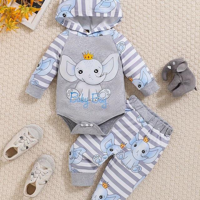 TEMU Ensemble barboteuse et pantalon à capuche imprimé éléphant pour bébés, tissu polyester , lavable en machine, tenue automne-hiver pour garçons et filles.