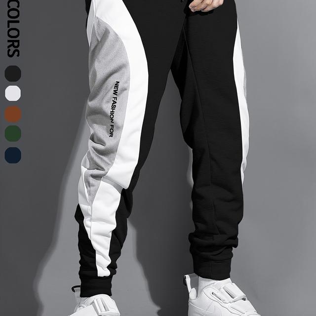 TEMU Men's Outdoor Gym Pants With Contrast Colorblock & Brand Lettering - - Casual Trousers, Machine Washable Comfortable Tapered Fit For, Fitness, Casual Attire - Non- (regular Length)