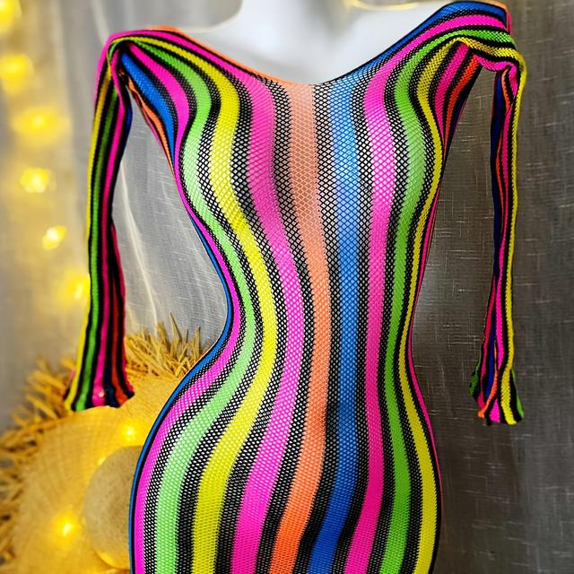 TEMU Sexy Hollow Heart Valentine's Day Women's Sheer Long Sleeve Color Block Bodycon Dress Beach Cover-up Vacation Music Festival Beach Netting