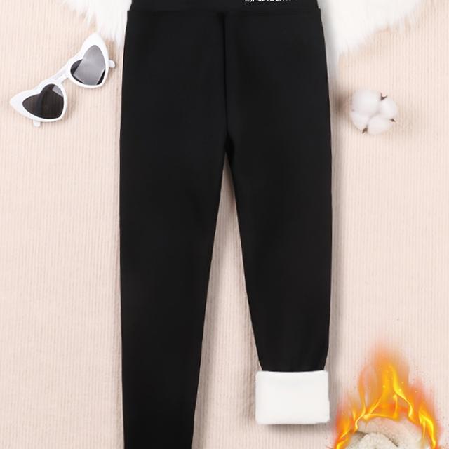 TEMU Girls' Cozy Fleece-lined Leggings With Astronaut & Shark Print - Stretchy, Thickened Fall/winter Pants In Brown, Machine Washable, Girls Pants, Outdoor